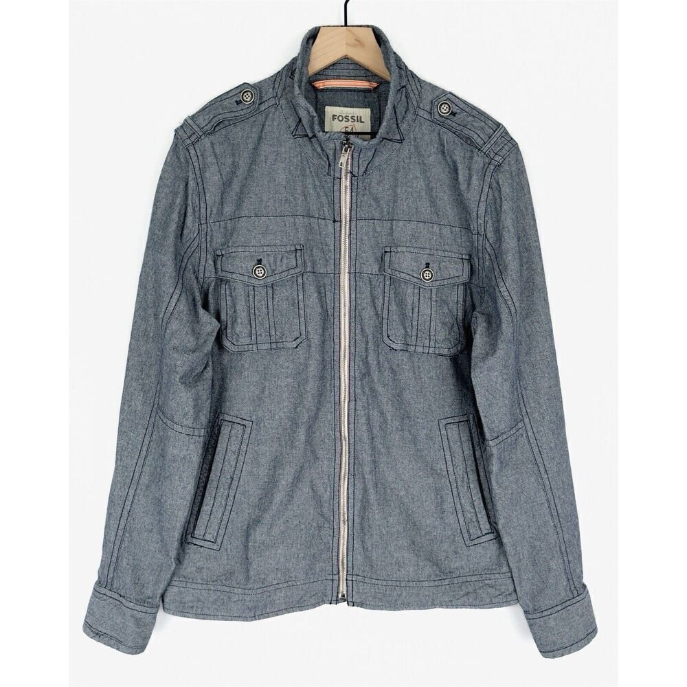 Fossil Jacket Mens Large‎ Blue Chambray Full Zip Lightweight Classic Neutral NEW